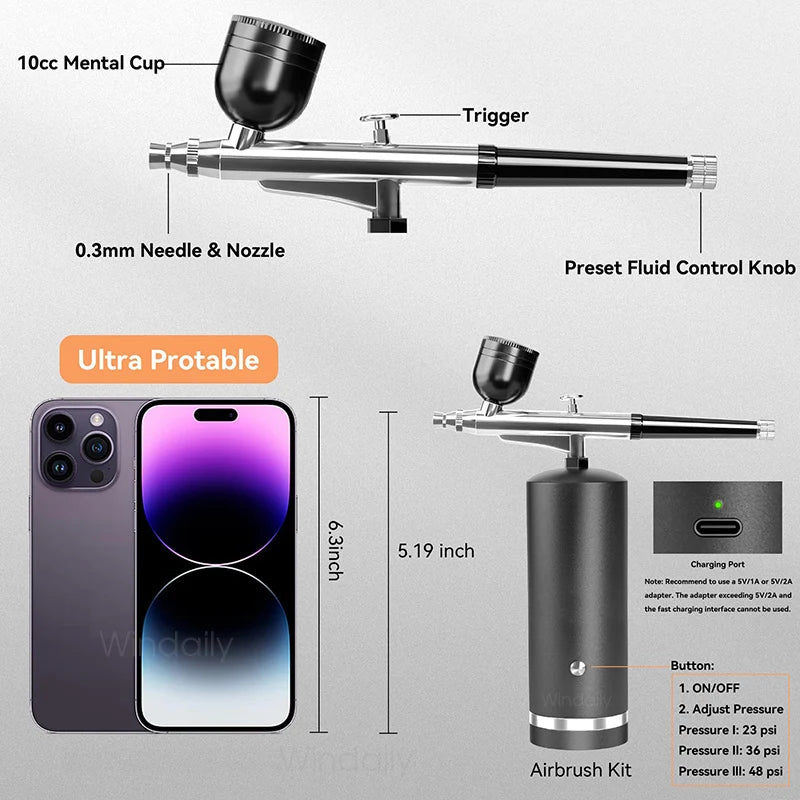 Windaily Cordless Airbrush Kit with Compressor – Nail Art & Craft Airbrush Kit Qst