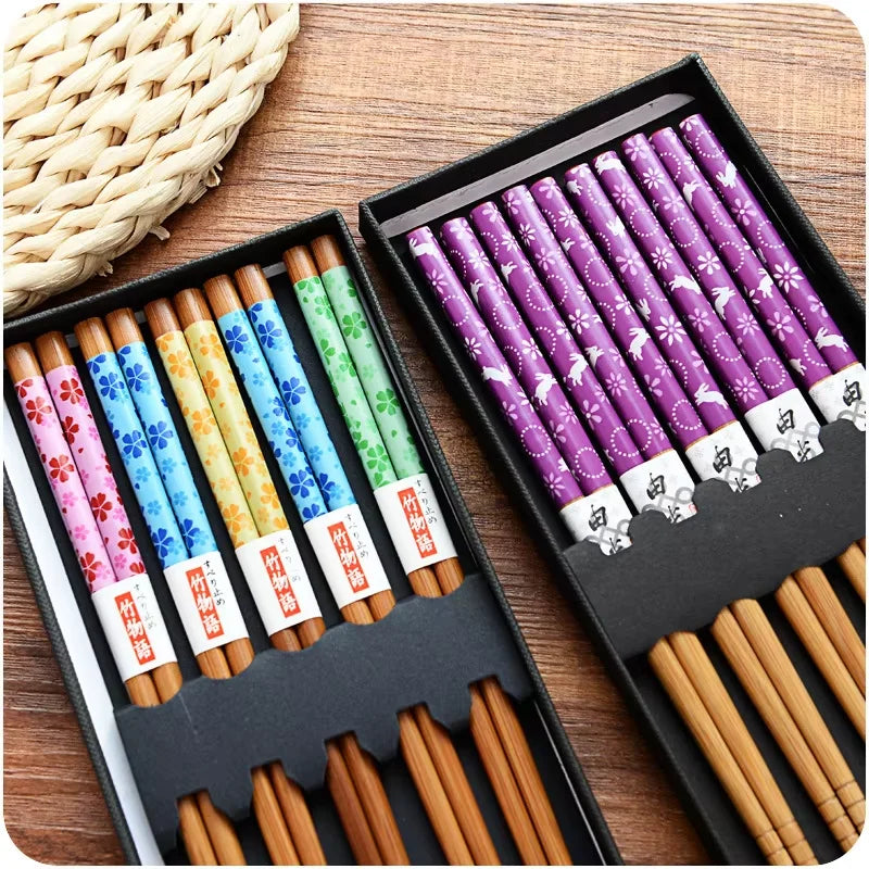 Bamboo Chopsticks Set 5 Pairs – Non-Slip Reusable Sushi Bamboo Chopsticks Qst