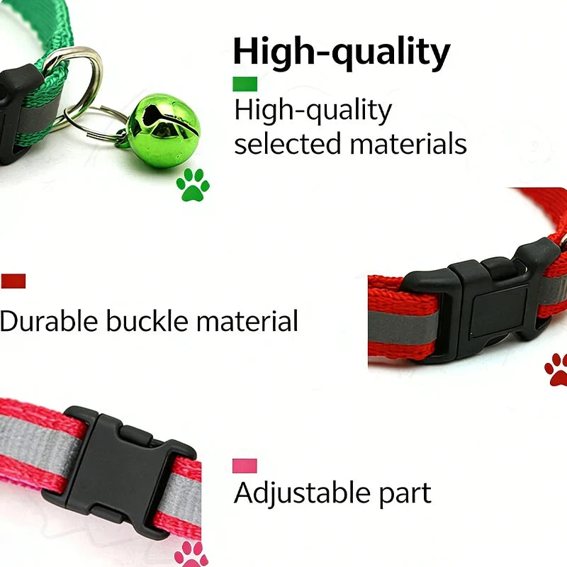 Glowing Reflective Cat & Dog Collar – Safety Buckle & Bell Reflective Pet Collar Qme