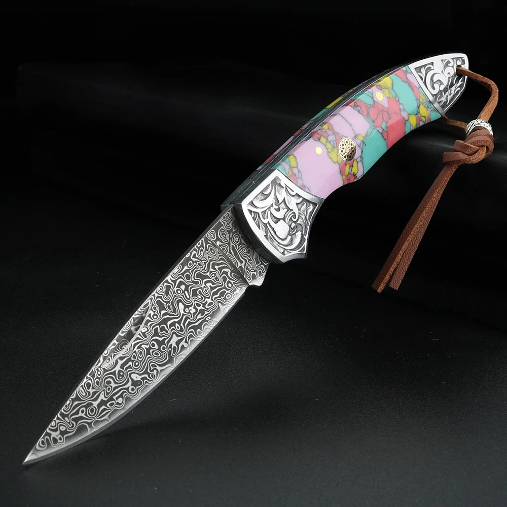 XUANFENG Damascus Folding Pocket Knife – Patterned Steel Damascus Folding Knife Qst 1 pcs