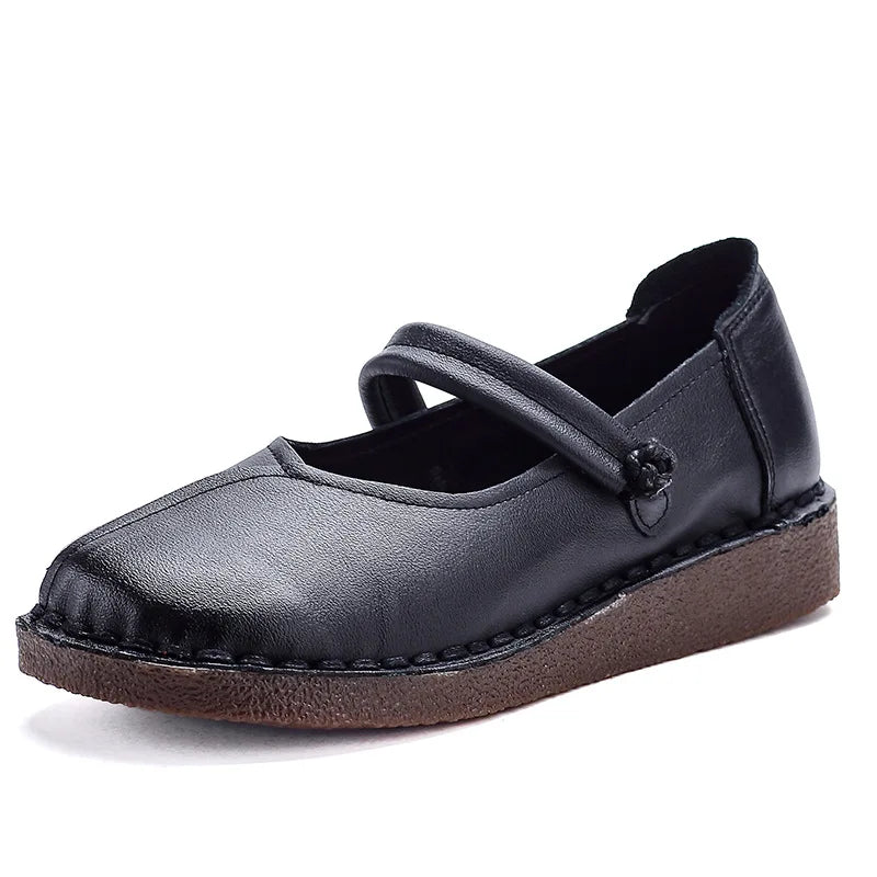 Women's Wide Toe Genuine Leather Strappy Flat Shoes | Mary Jane Leather Flat Shoes Qst 8823 Black 35 China Mainland