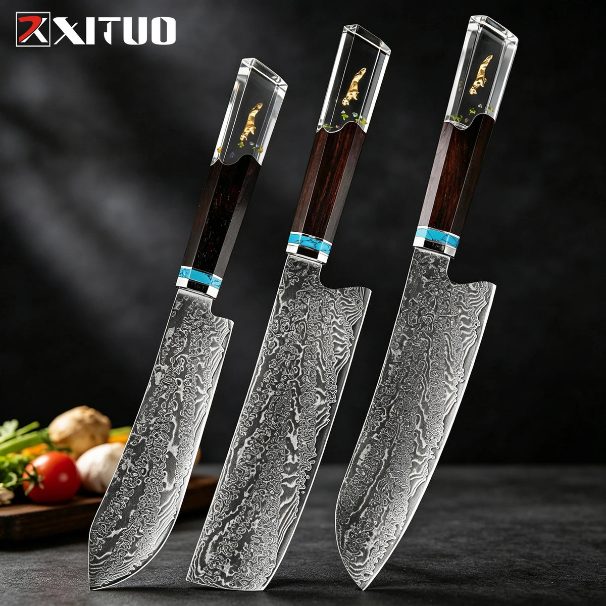 XITUO 6-Piece Damascus Steel Kitchen Knife Set – Resin Handle Kitchen Knife Set Qst 3PCS Knife 1