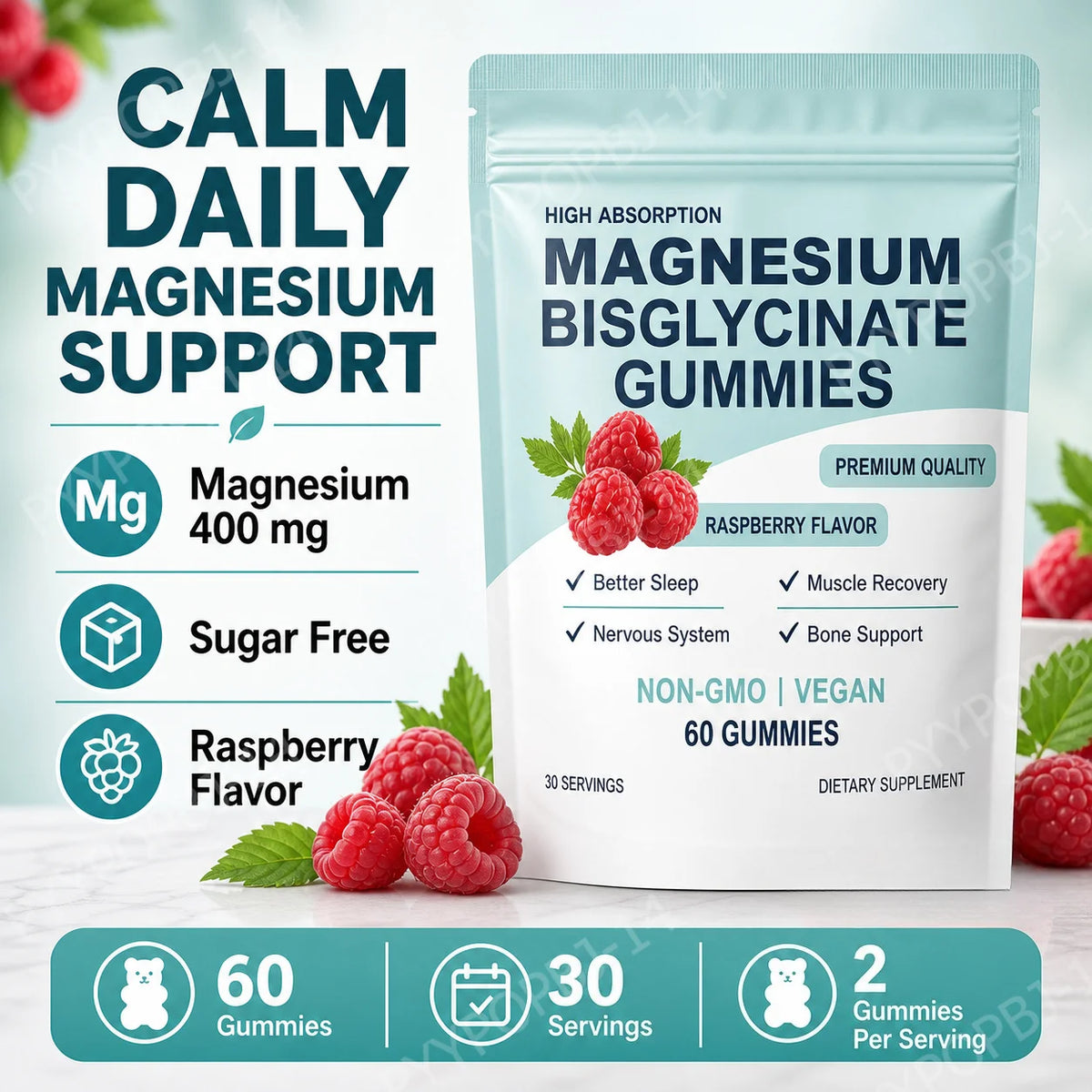Magnesium Bisglycinate Gummies 400mg Sugar Free Raspberry 60ct Magnesium Supplement Qst
