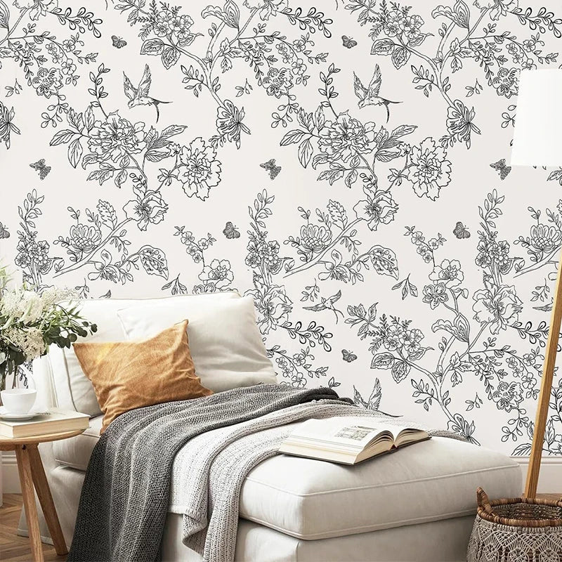 Black & White Floral Peel and Stick Wallpaper | DIY Contact Paper Peel & Stick Wallpaper Qme