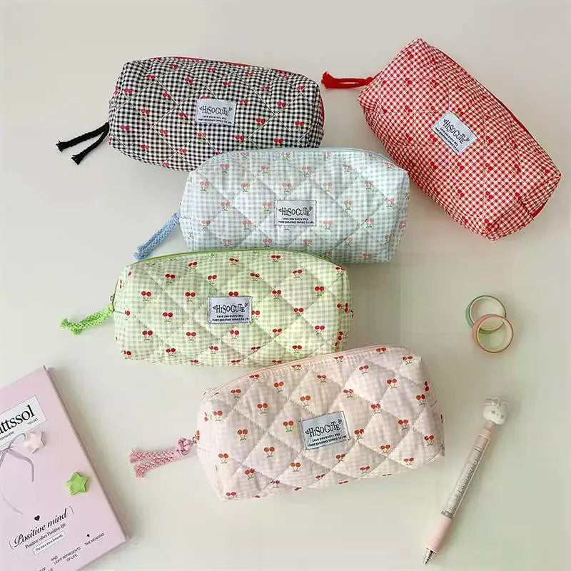 Cute Cherry Plaid Large Capacity Pencil Case & Stationery Bag Pencil Case Qme