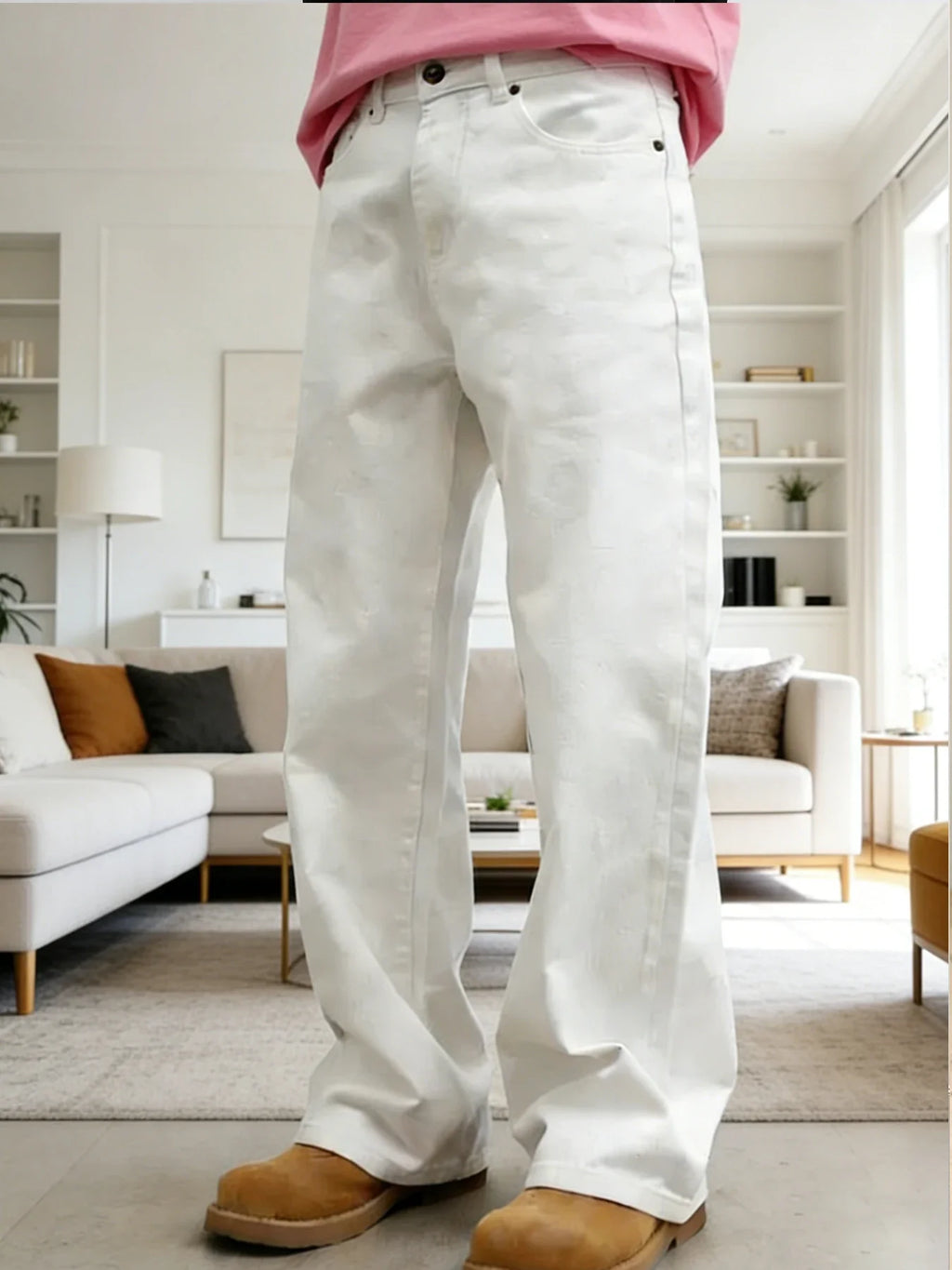 Men's Pure White Loose Wide-Leg Cotton Jeans | Relaxed Fit Wide-Leg Jeans Qme