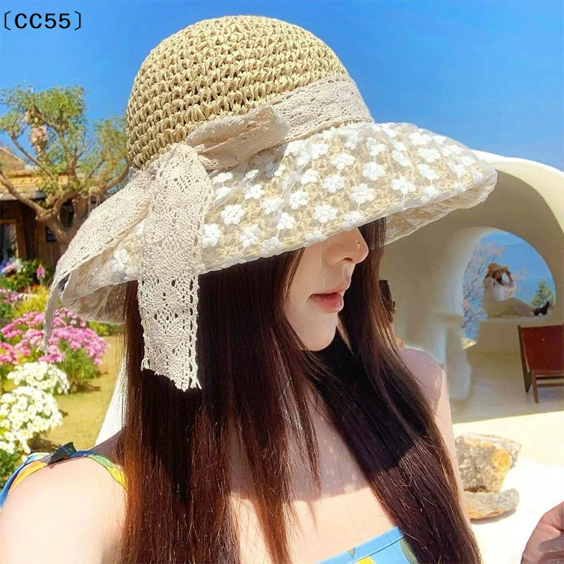Women's Lace Trim Straw Beach Bucket Hat – Sun Hat Straw Bucket Hat Qst