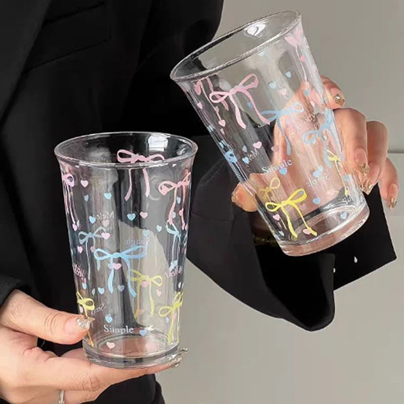 Cute Bow Glass Coffee Mug | Cartoon Striped Borosilicate Cup Glass Coffee Mug Qme