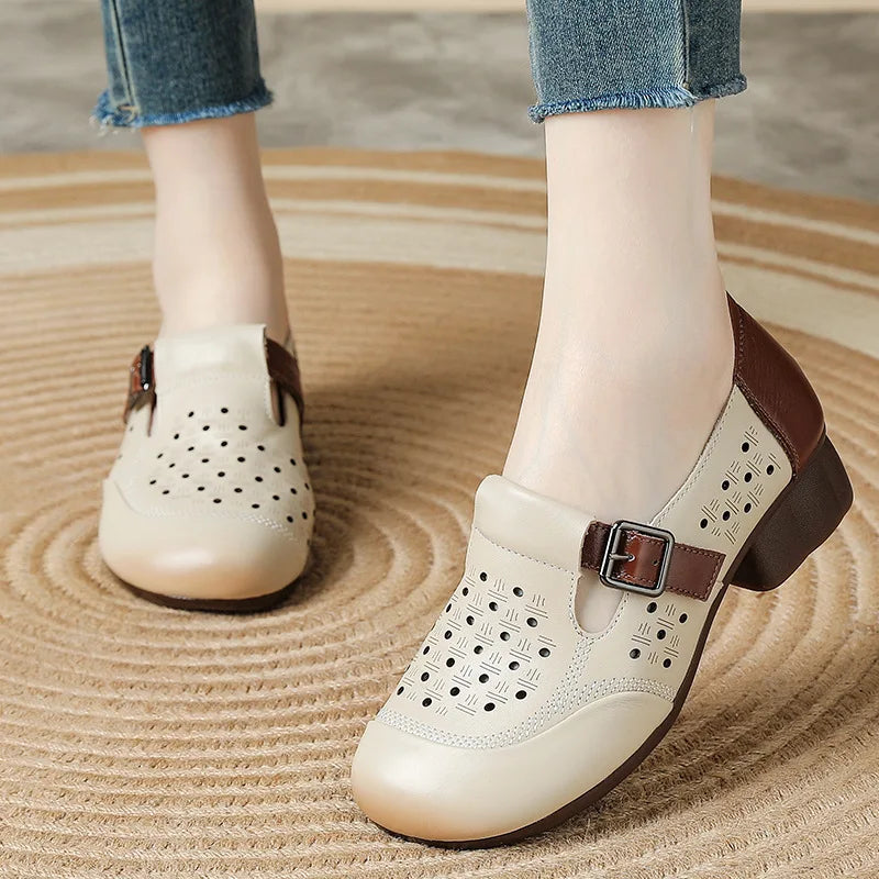 Women's Vintage Buckle Sandals – Genuine Leather Low Heel Buckle Heeled Sandals Qst