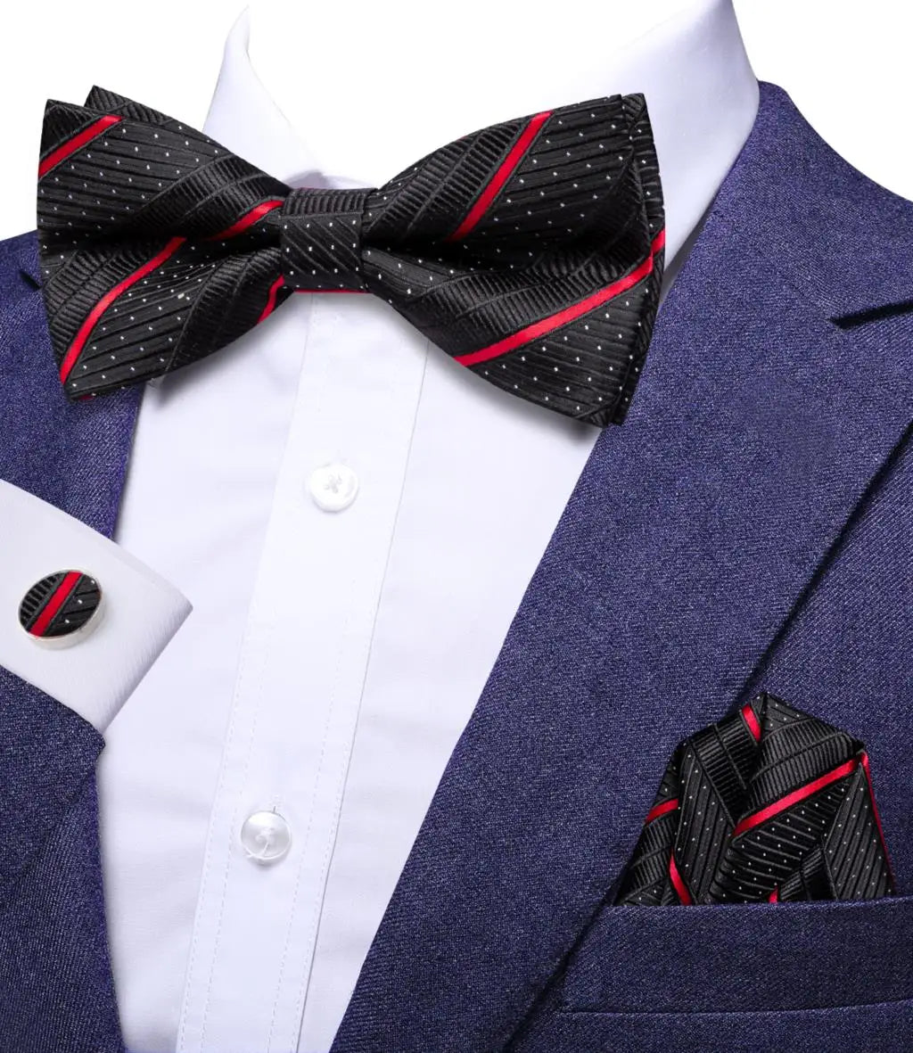 Hi-Tie Striped Black Red Pre-Tied Bow Tie & Cufflinks Set Bow Tie Gift Set Qme