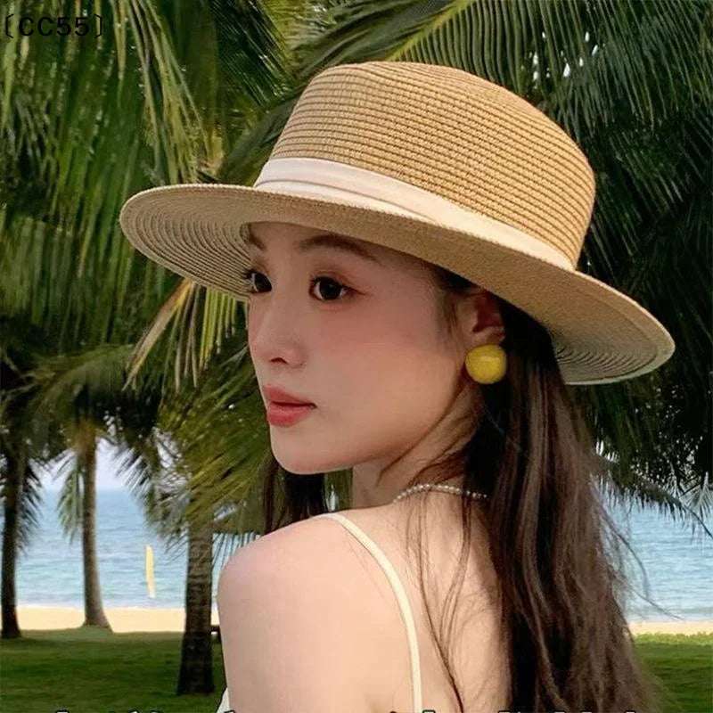 French Flat Top Straw Hat – Women's Beach & Travel Sun Hat Straw Sun Hat Qst