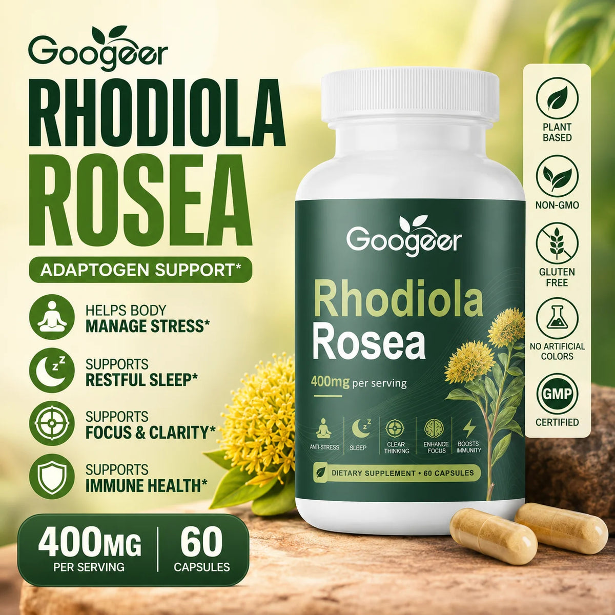 Googeer Rhodiola Rosea Capsules 400mg + Black Pepper – 60ct Herbal Supplement Qst
