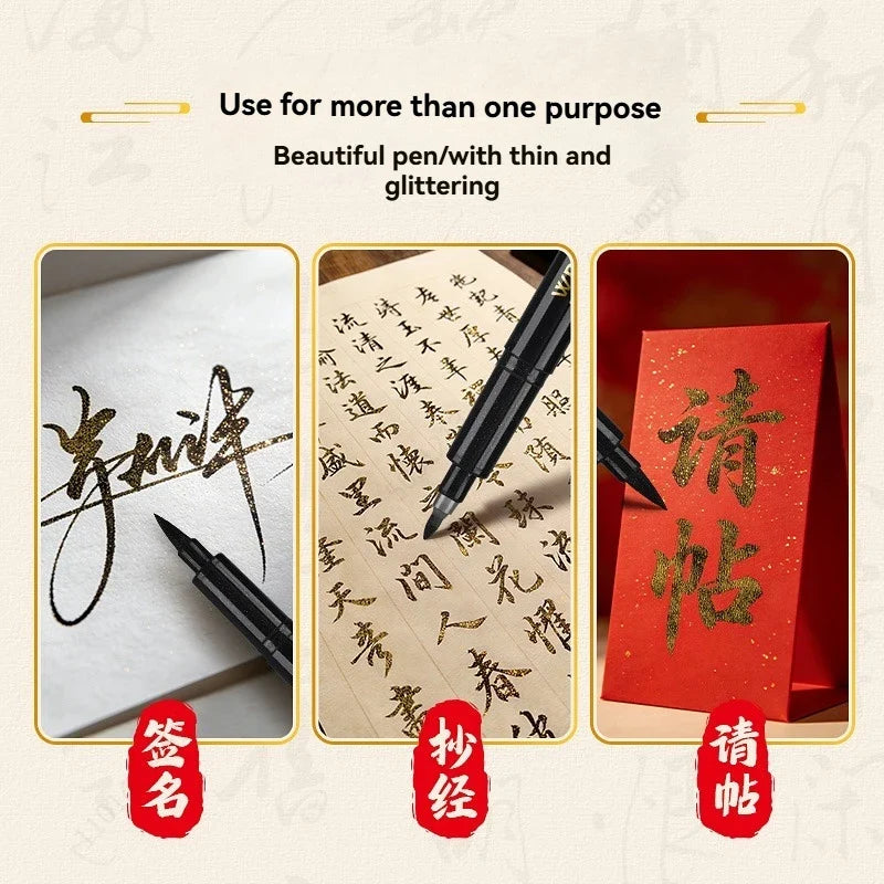 Glitter Chinese Calligraphy Brush Set – 3 Sizes & Black Ink Calligraphy Brush Set Qme