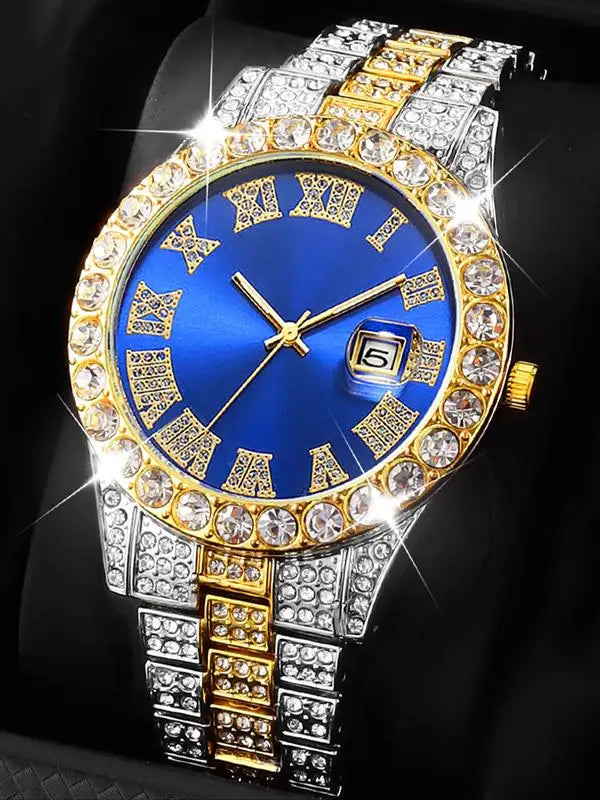 Stainless Steel Watch Roman Numerals Cuban Link Bracelet Set Watch & Jewelry Set Qme