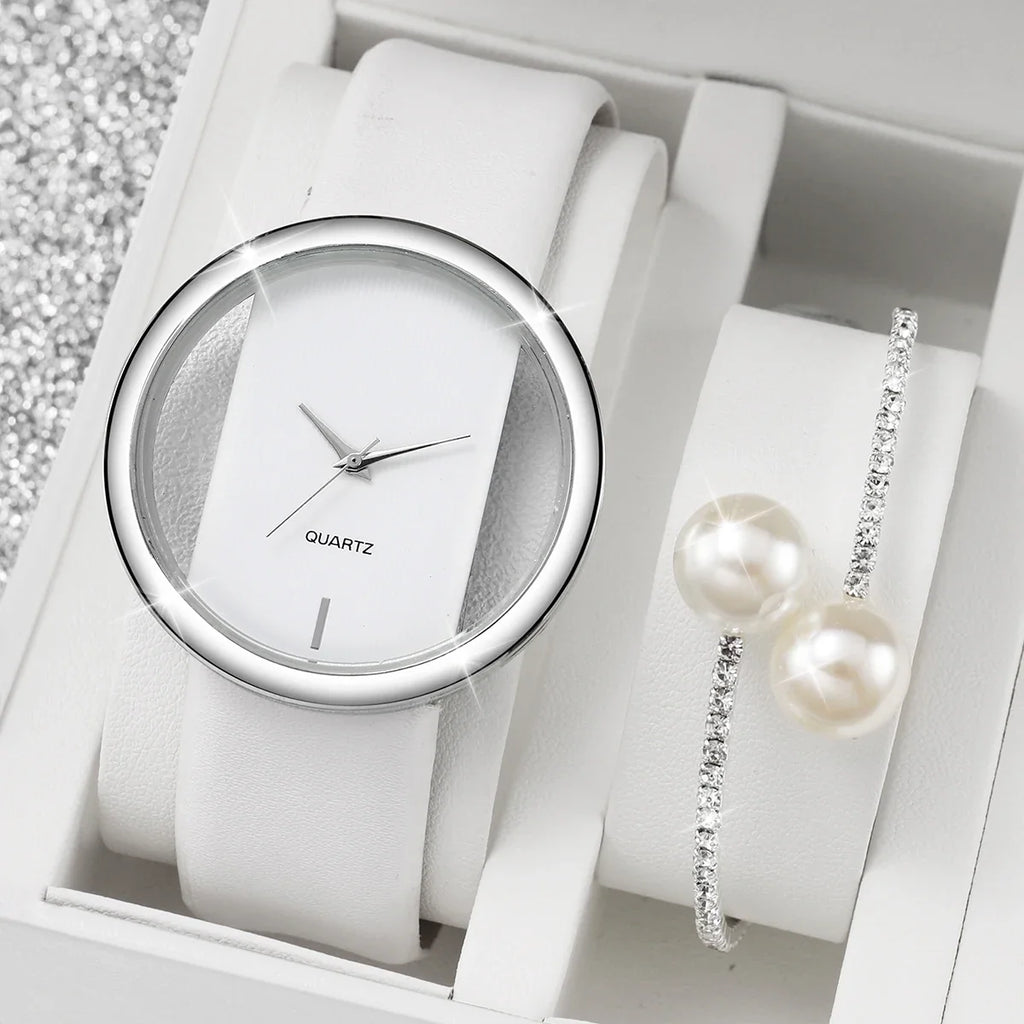 Silver Frame Ladies Watch – White Leather Strap & Bracelet Set Ladies Watch Set Qme