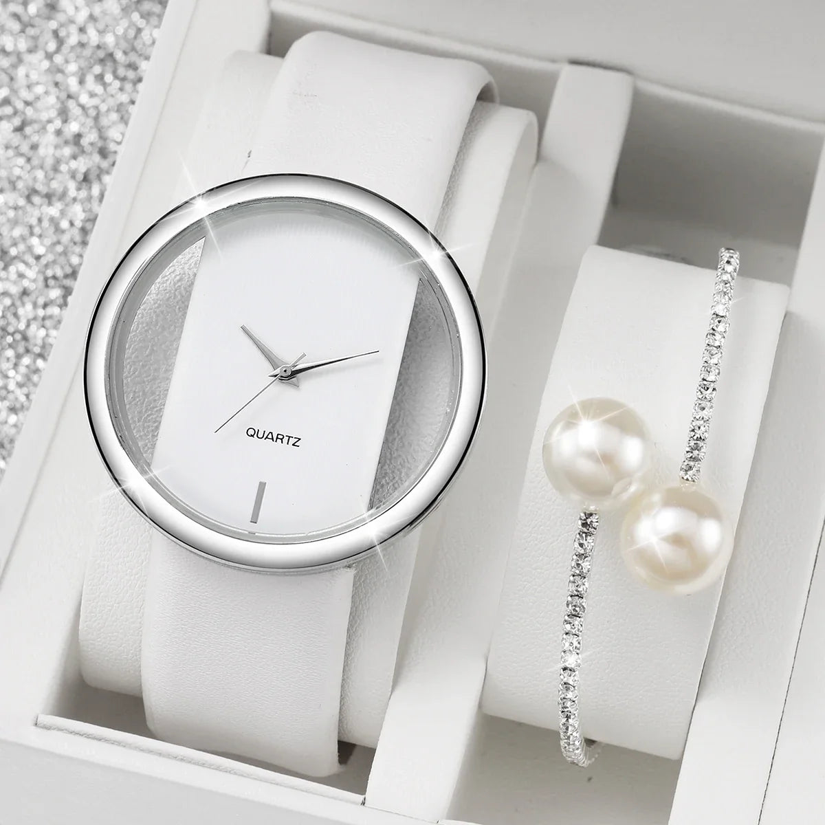 Silver Frame Ladies Watch – White Leather Strap & Bracelet Set Ladies Watch Set Qme