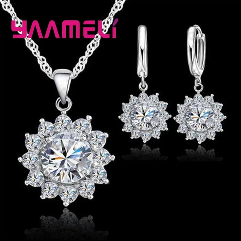 925 Sterling Silver Sunflower Necklace & Earrings Set | CZ Silver Jewelry Set Qme Default Title