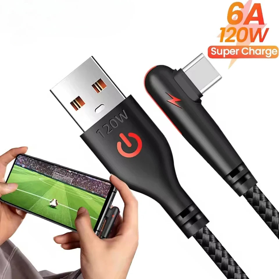 USB-C 120W Fast Charging Cable 6A PD 90° Elbow Braided Nylon USB-C Charging Cable Qme
