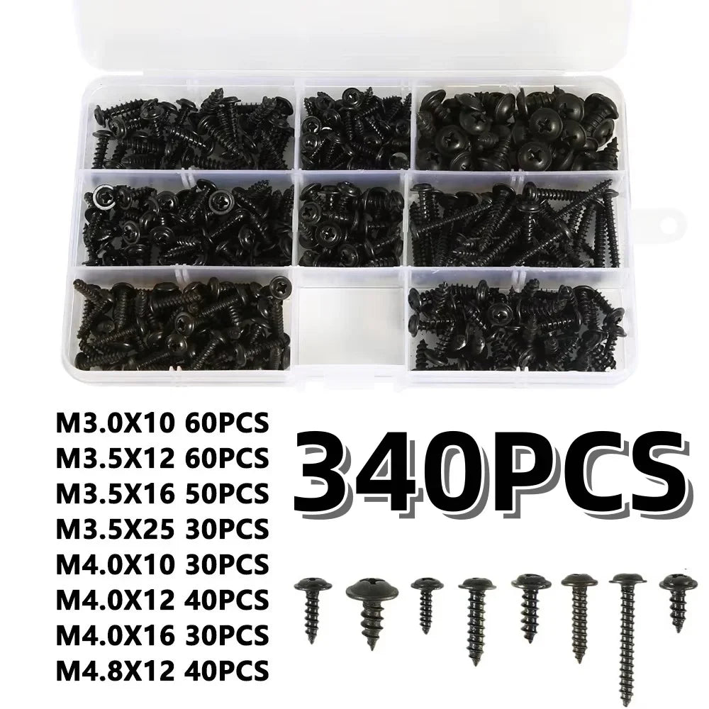 Black Carbon Steel Self-Tapping Screws M3 M4 Phillips Head Set Screw Assortment Set Qme Type2-340pcs
