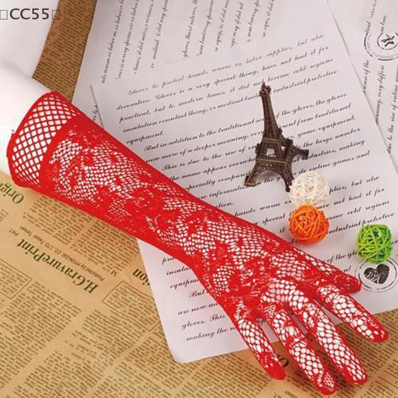Women's Sheer Lace Fishnet Gloves – Stretchy Elbow Length Fashion Lace Gloves Qst