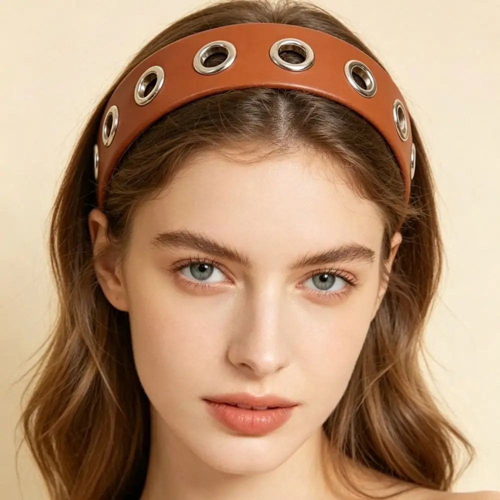 Y2K Hollow Metal Headband Ring – Stretchy Eyelet Wide Band Hair Headband Qme