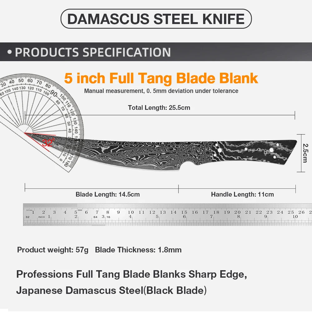 Damascus Steel Knife Blank – Curved Edge, Heat Treated, Full Tang Knife Blade Blank Qst