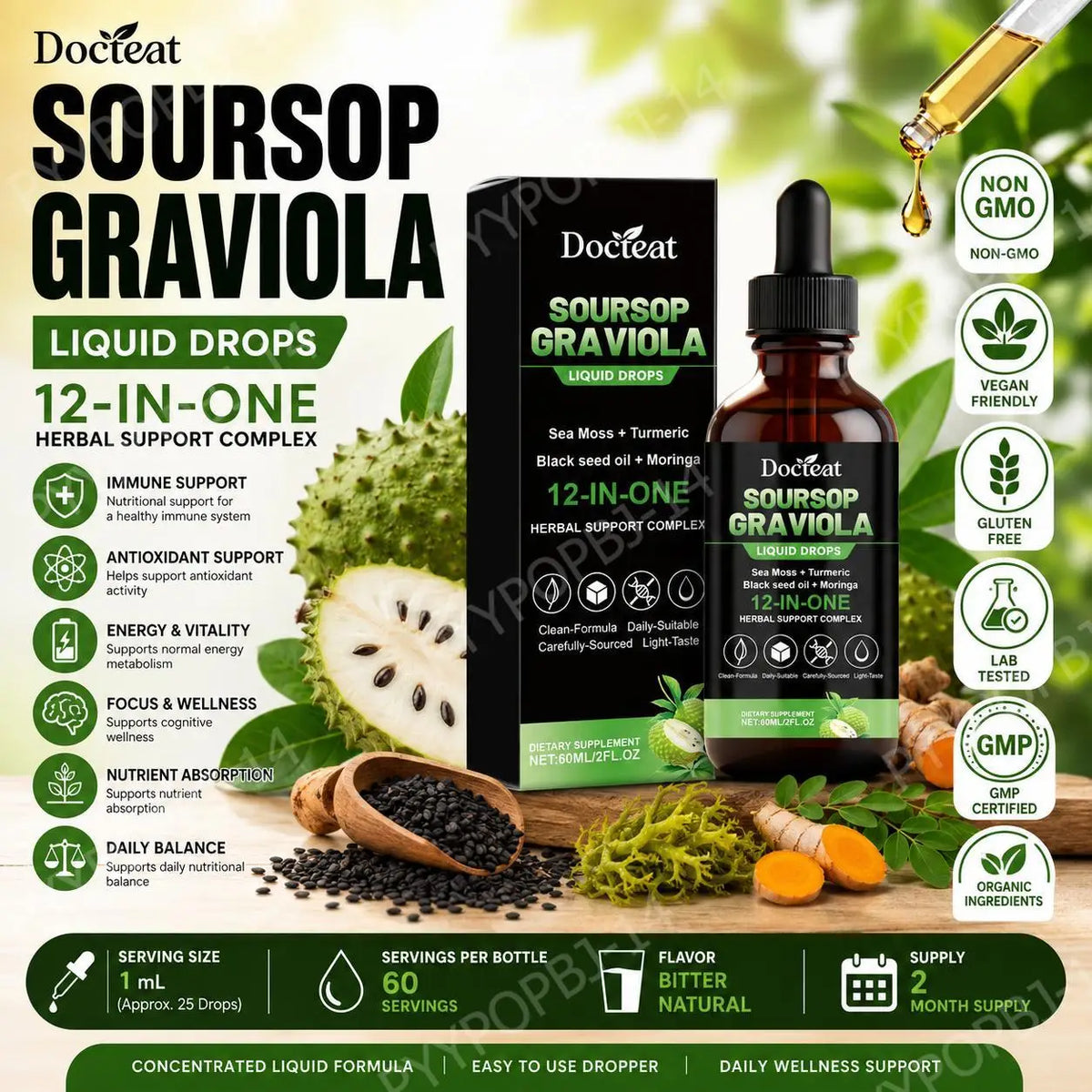 Soursop Graviola Liquid Drops – Vitamin C B6 Zinc | 60ml Herbal Liquid Supplement Qst