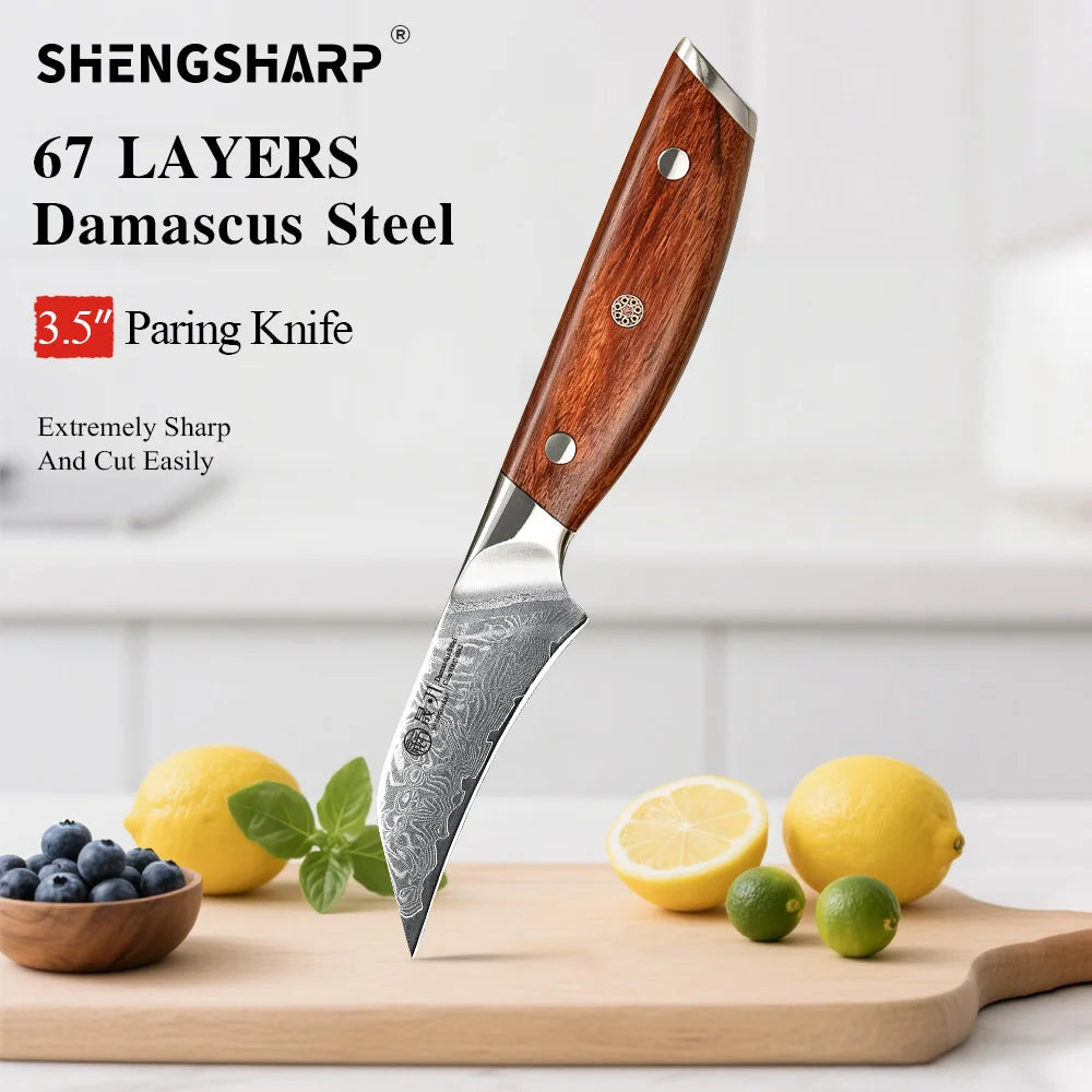 SHENGSHARP 3" Damascus Steel Paring Knife – 67 Layer Rosewood Damascus Paring Knife Qst Paring Knife 3 inch