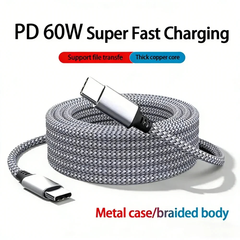 60W USB-C Fast Charging Cable Nylon Braided | 1M to 8M USB-C Charging Cable Qme