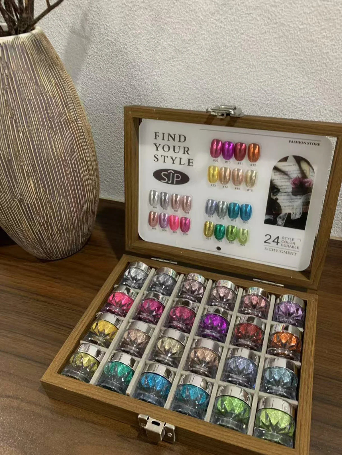 24-Color Mirror Nail Art Powder Set, Storage Box & DIY Charms Nail Art Powder Set Qme