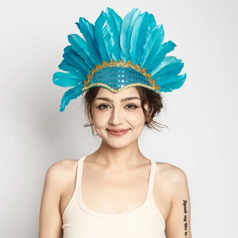 Feathered Headdress Headband – Stage & Festival Costume Costume Headband Qst Blue