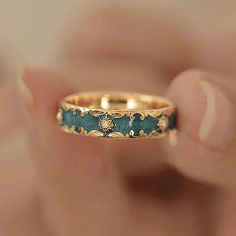 Retro Enamel Patterned Open Ring | Fairy Style Jewelry Enamel Fashion Ring Qme Blue resizable