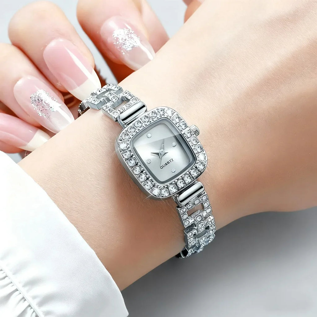 Women's Gold Square Rhinestone Bracelet Quartz Watch Bracelet Watch Qme