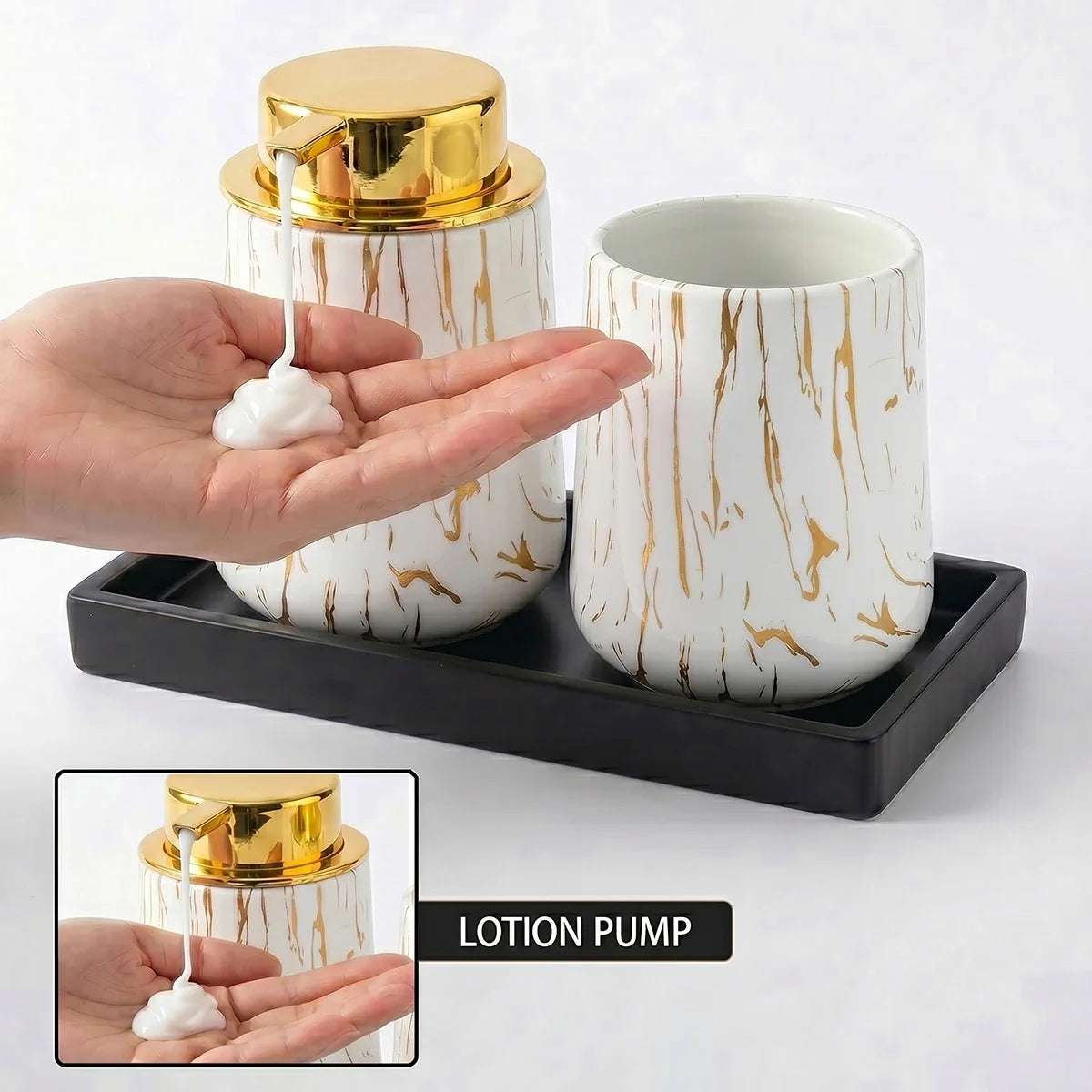 White Marble Foaming Soap Dispenser | Luxury Bathroom Accessory Foaming Soap Dispenser Qme gold liquid set