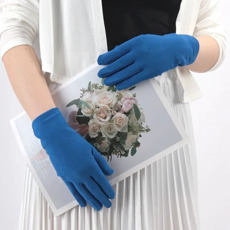 Women's Ceremonial Elastane Gloves – Elegant Solid Fashion Ceremonial Fashion Gloves Qme Blue