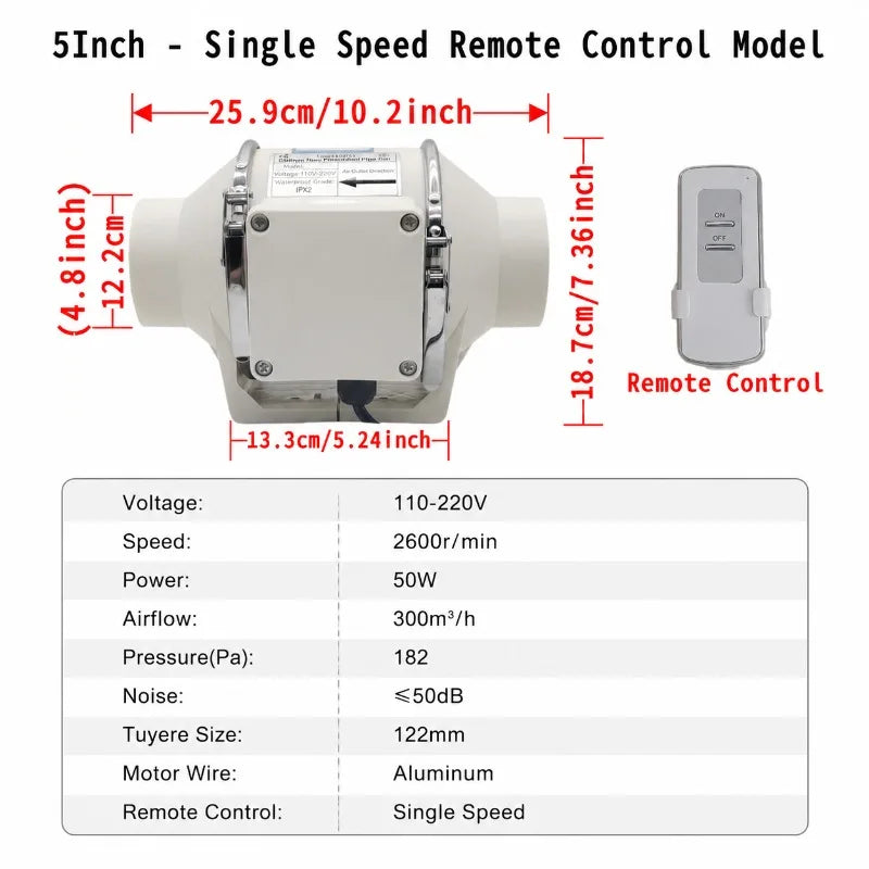 ZARTSEN 4/5/6" Quiet Mixed Flow Inline Exhaust Fan 220V Remote Inline Exhaust Fan Qst 5inch 125mm 220 V 220V-240V EU Plug