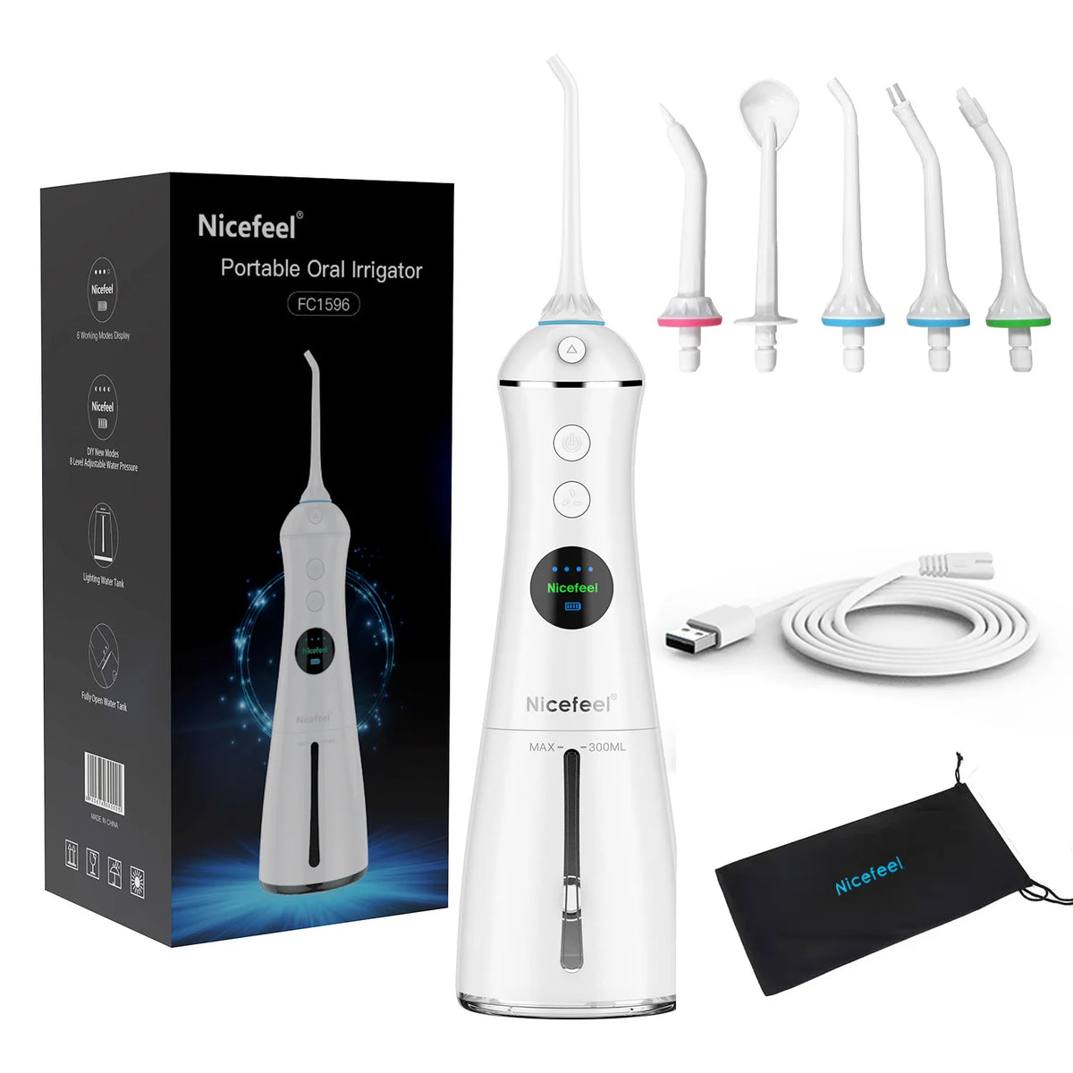 Portable Water Flosser Oral Irrigator – IPX7, 5 Heads, 6 Modes Oral Irrigator Qst white