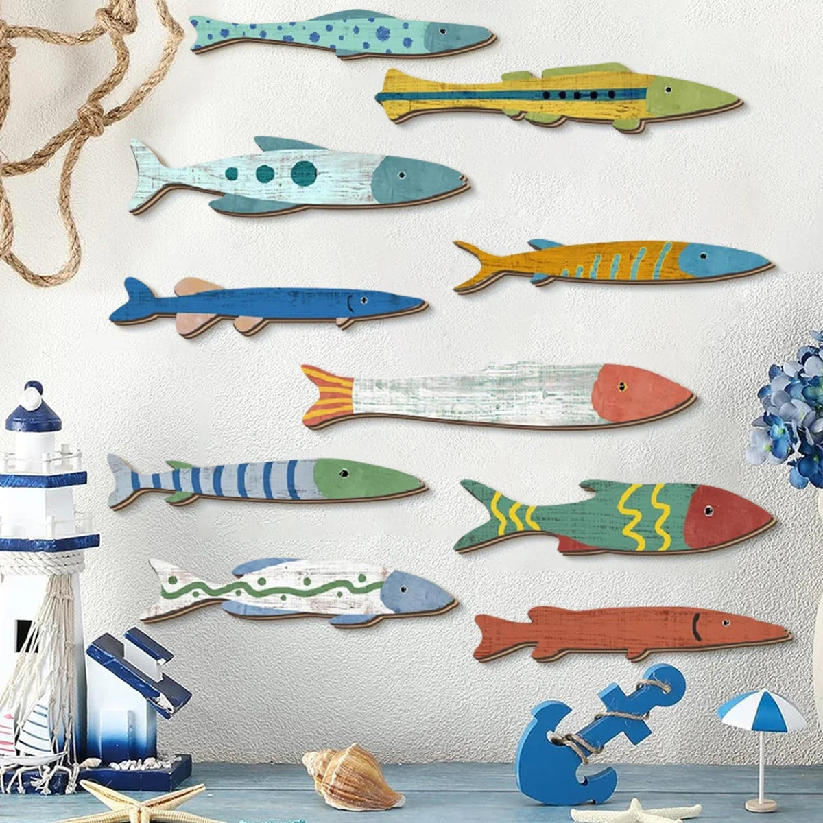 Colorful Hand Painted Wooden Fish Wall Decor | Ocean Art Wooden Wall Decor Qme L