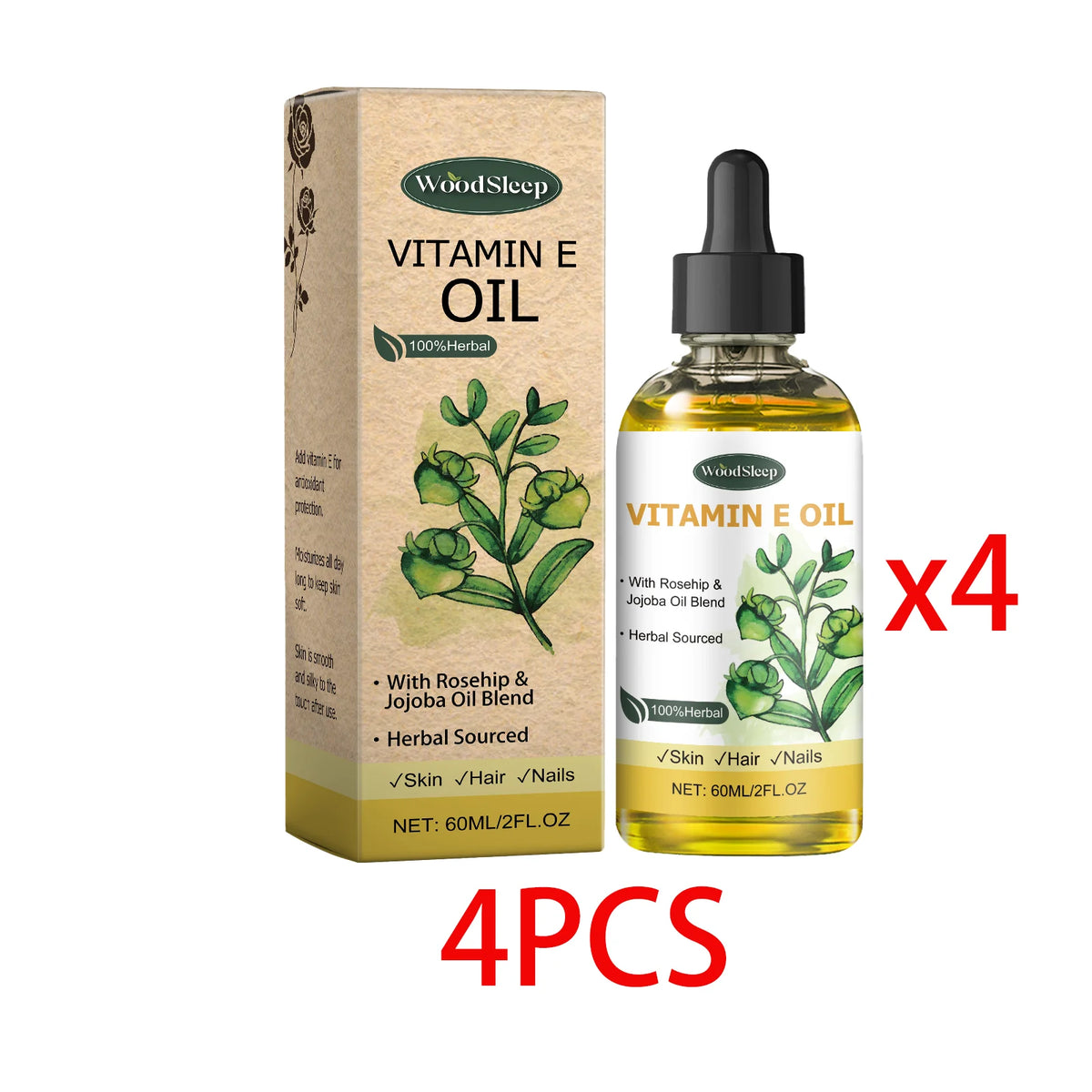 WOODSLEEP Vitamin E Dry Oil 60ml – Skin, Hair & Nail Care Vitamin E Body Oil Qst 4 PCS