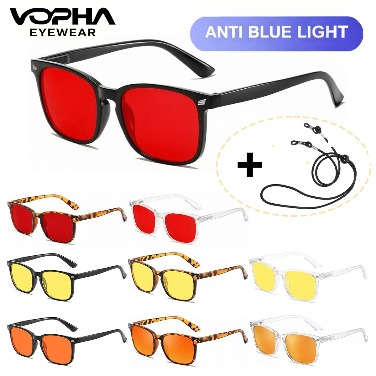 VOPHA S70 Red Lens Blue Light Blocking Glasses – Unisex Square Blue Light Glasses Qst