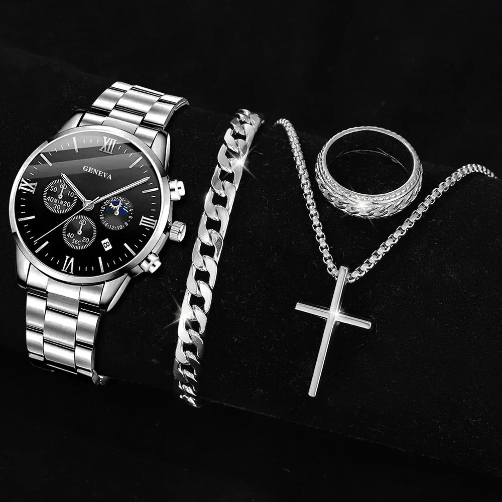 Men's Quartz Watch & Jewelry Set – Cross Pendant, Necklace & Ring Men's Jewelry Set Qme Silver
