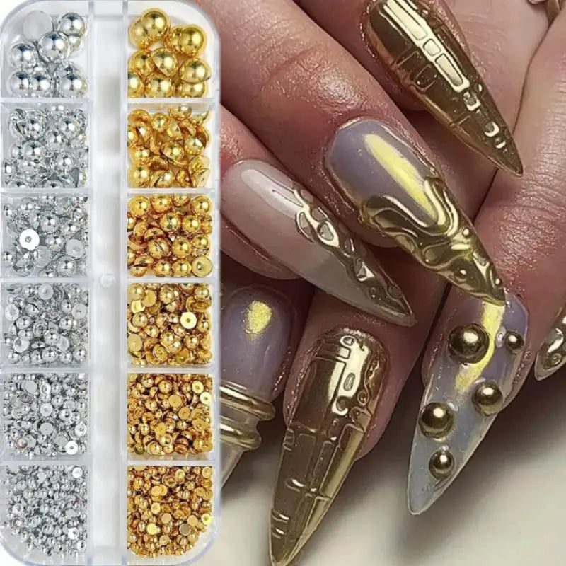 12-Grid Mixed Pearl Nail Charms – Gold & Silver Nail Decor Nail Art Charms Qme
