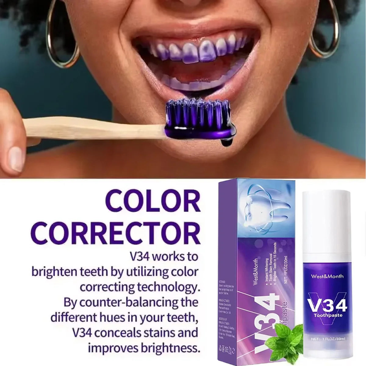 V34 SmileKit Purple Whitening Toothpaste 30ml – Color Corrector Whitening Toothpaste Qst
