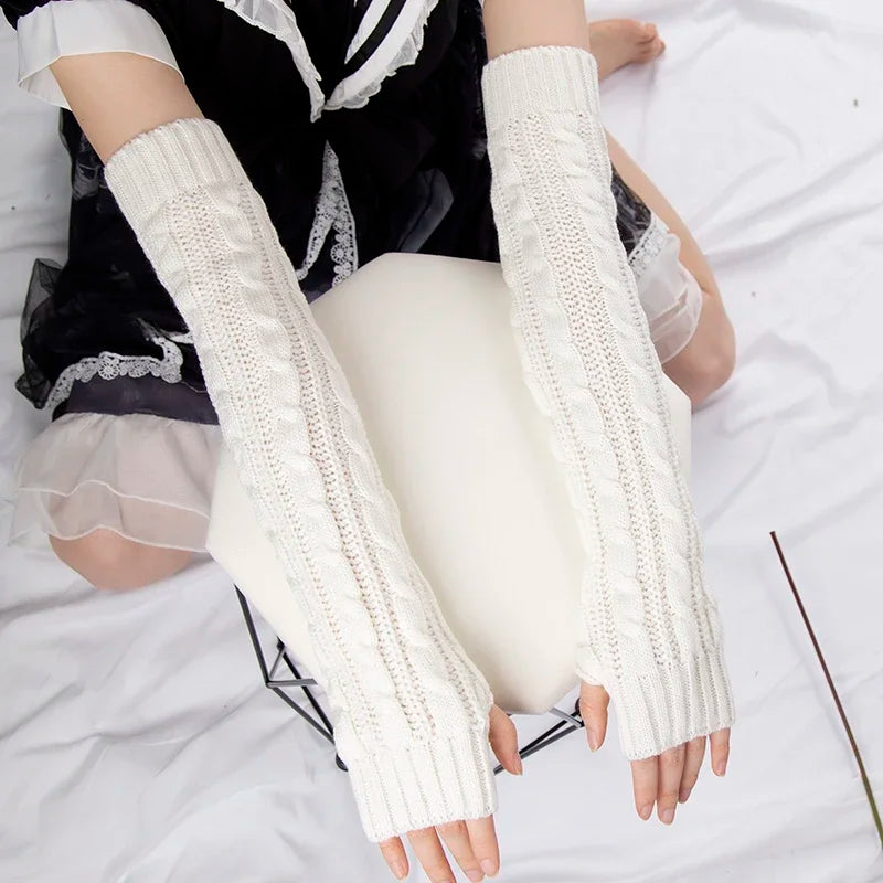 Women's Knitted Long Fingerless Arm Warmers – Winter Mittens Fingerless Arm Warmers Qme WHITE Length -50cm