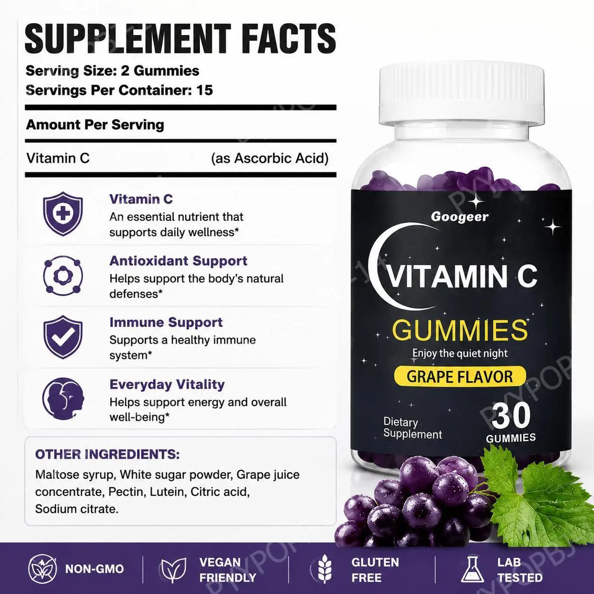 Googeer Vitamin C Gummies Grape Flavor – 30 Count Vitamin C Gummies Qst