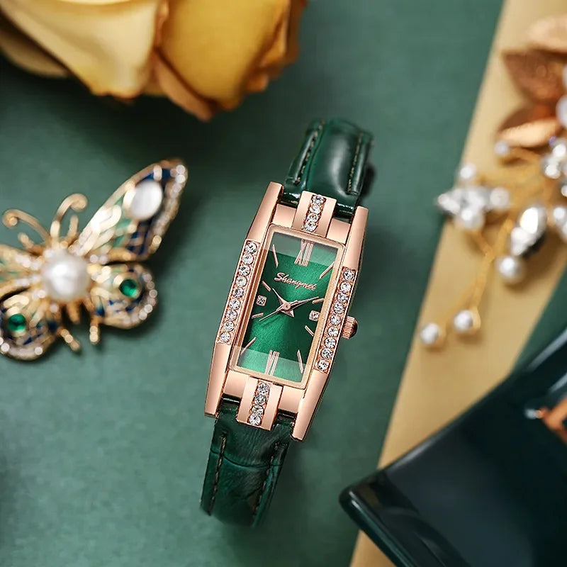 Women's Rectangle Watch & Bracelet Set – 2-Piece Fashion Set Fashion Watch Set Qme green