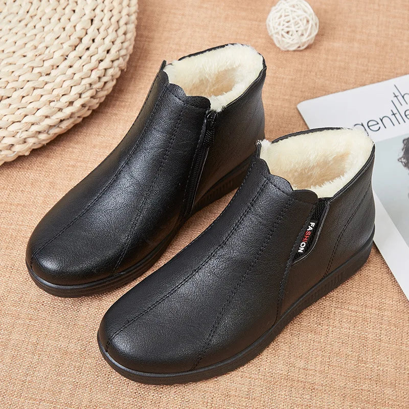 Women's Winter Plush-Lined Slip-On Ankle Boots | Soft PU Leather Women's Ankle Boots Qst