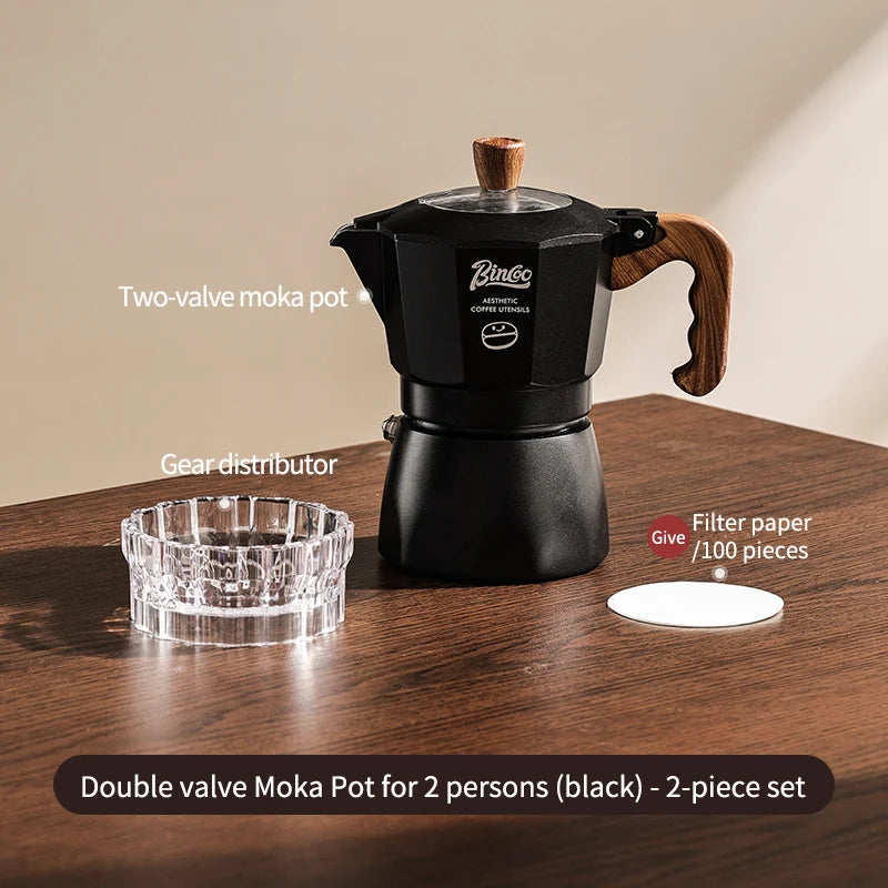 Bincoo Dual Valve Moka Pot Set with Heater – Portable Espresso Moka Pot Set Qst Black 3pcs