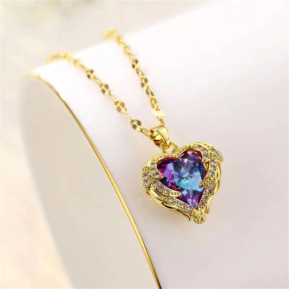 Blue Purple Crystal Ocean Heart Necklace – Sparkling Luxury Crystal Pendant Necklace Qme Gold-color 50cm VIOLET