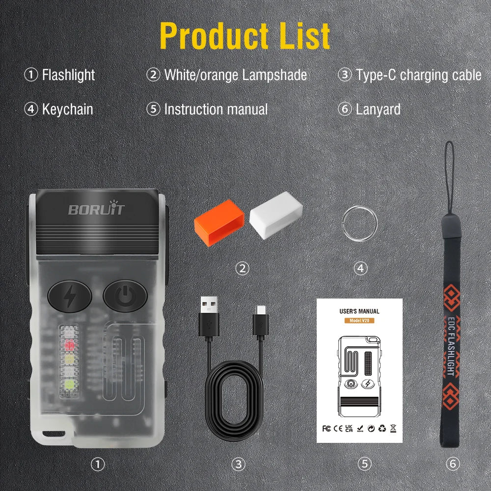 BORUiT V20 1000LM LED Keychain Flashlight USB-C Rechargeable LED Keychain Flashlight Qst